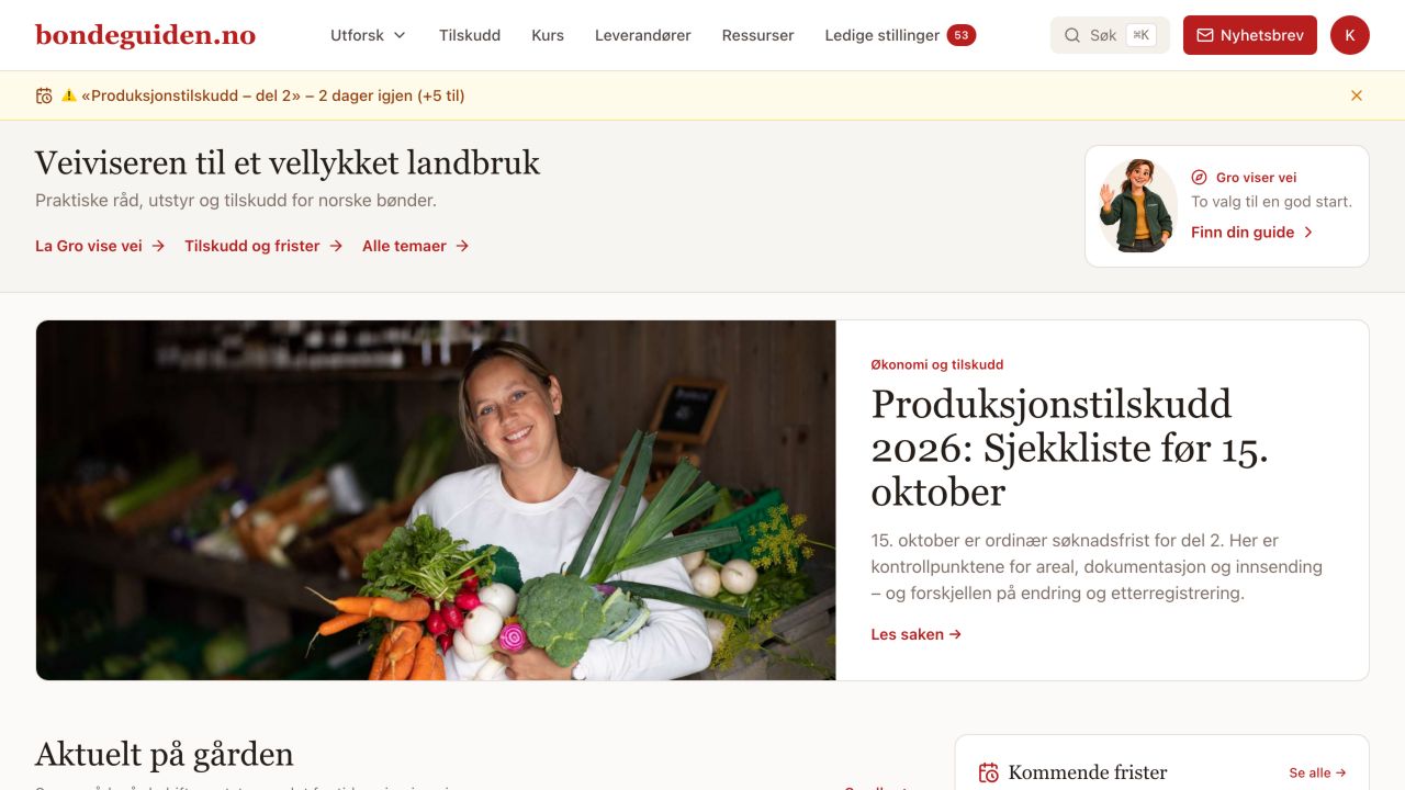 Skjermbilde av Bondeguiden, tatt 13. oktober 2026