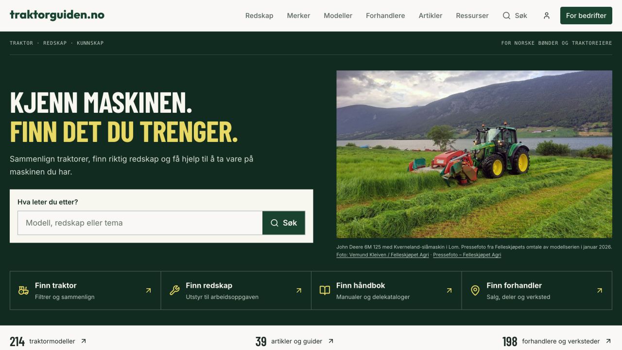 Skjermbilde av Traktorguiden, tatt 13. oktober 2026